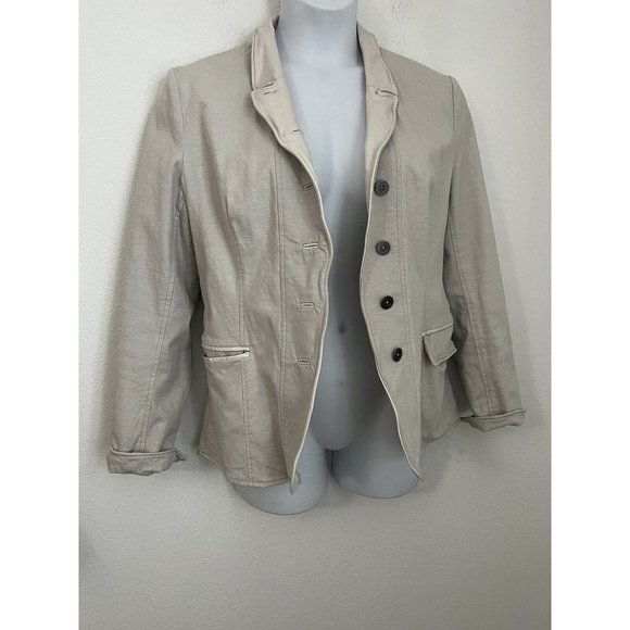 Jackett New York women’s Tan Leather Cotton Jacket blazer large button front - Picture 1 of 11